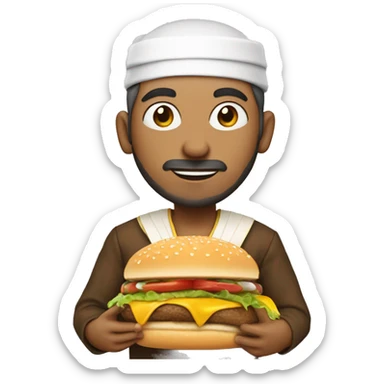 White skinned khaleeje men wearing GCC traditional clothes holding cheeseburger  sticker