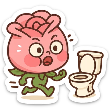 soft pink rose flower with puffed cheeks making a panicked toilet run, eyes bulging, legs dashing, pastel tones, chibi round shape sticker