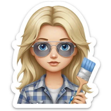 girl with long blond messy hair, wearing grey plaid shirt with blue eyes and aviator sunglasses wearing a ring on her silver necklace, holding a paint brush roller with a small bit of white paint on her face sticker