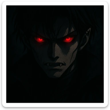 anime vampire face with glowing red eyes, partially hidden in shadow, dramatic lighting, intense expression sticker