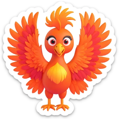 a cartoon phoenix with big eyes, playful expression, bright orange and red feathers sticker