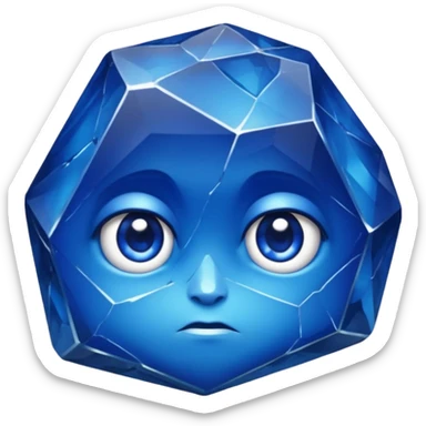 A single sapphire-blue faceted rock head, chunky and worn, with very visible big cracks and chipped facets but still shiny, big kind eyes sticker