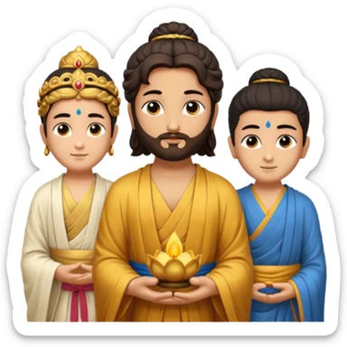 Create a Jesus, Krishna, and Buddha standing together. Buddha: warm golden or light tan skin, dark curled hair with a traditional top bun (ushnisha), half-closed meditative eyes

 sticker