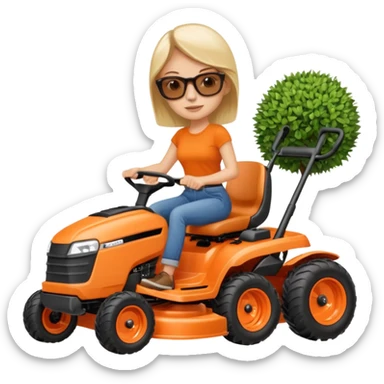 White woman on orange ride on lawn mower cutting lawn sticker