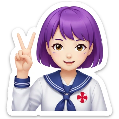Energetic anime girl with short purple hair wearing Japanese sailor style school uniform, winking and making double peace signs, very cheerful and bubbly, kawaii style sticker