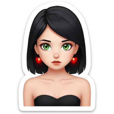 Girl with grey green eyes. Black hair with red perk-a-boo underlights and frontlights. Medium long hair. Black strapless crop top. Skinny face with birthmark under left cheek. sticker