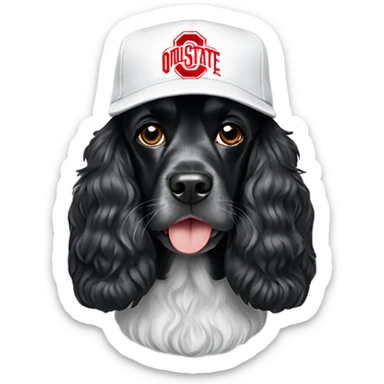 Black cocker spaniel wearing white Ohio State cap sticker