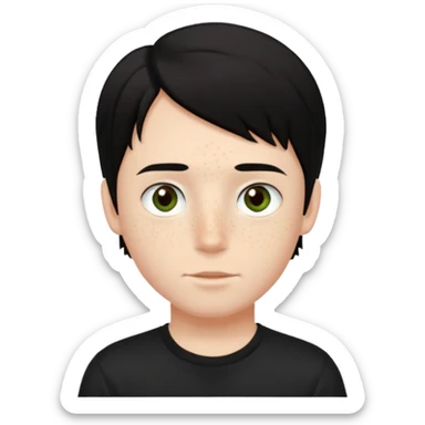 A boy with dark black hair and hazel green and brown eyes and white skin , with freckles and black t shirt with middle part hair hair with a center part sticker