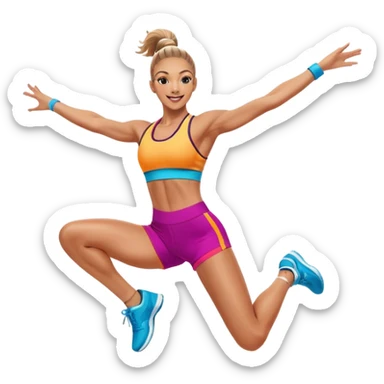 Professional aerobics performer mid-jump with arms extended, showcasing energy, flexibility, and coordination. The background features a vibrant gym setting with fitness equipment and bright colors, capturing the dynamic motion of aerobics. sticker