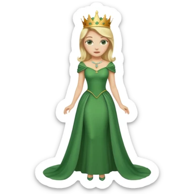 Queen, crown, blonde hair, green eyes, long green tight dress, whole Body, sticker