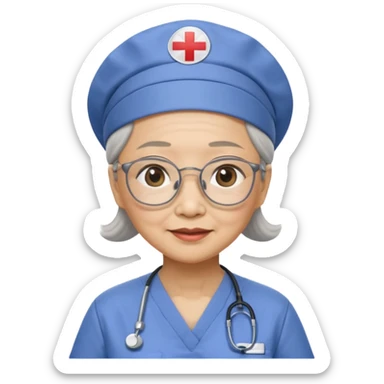 OLD ASIAN WOMAN WITH GLASSES, NURSE SCRUBS, CAP, HIDDEN HAIR sticker