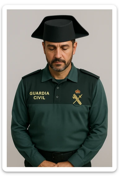 Guardia Civil officer in uniform, Spanish law enforcement, respectful, iconic hat, badge visible, simple background sticker