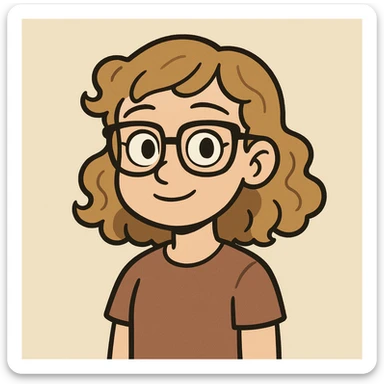 cartoon avatar of a young girl with dark blonde curly hair, black glasses, brown eyes sticker
