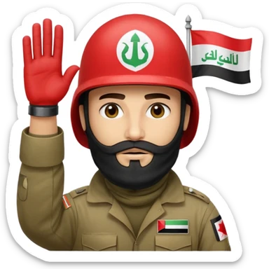 surrenders, depicts an Iraqi soldier from 1980, with a beard, in a helmet, a helmet with sign flag Iraq, with a balaclava, with sad eyes and both hands raised up sticker