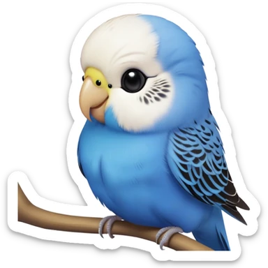 cinematic-cute-blue-budgie-portrait-emoji,-head-tilted-playfully-and-inquisitively,-featuring-a-brilliant-blue-feathered-fur-and white and black feathered face-with-a-natural-sheen,-round,-sparkling-dark-eyes-filled-with-curiosity,-simplified-yet-irresistibly-adorable sticker