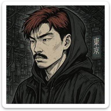 Asian man with black mustache, red hair, black hoodie, Japanese manga style inspired by Ghost in the Shell, cyberpunk atmosphere, detailed linework, monochrome with subtle color accents sticker