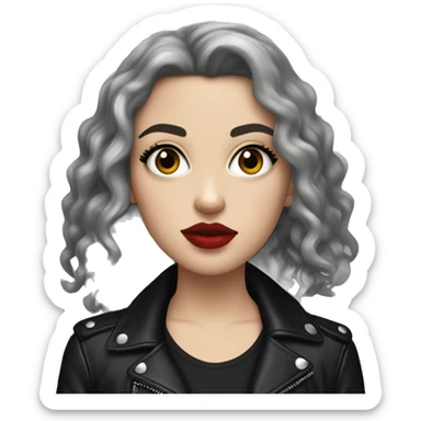 White girl, with long curly black hair, with red lipstick, black winged eyeliner, wearing black shirt and black leather jacket shrugging her shoulders sticker