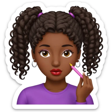 emoji sucking its lips in with one eyebrow up and the other one down dark skin and curly hair in one ponytail with eyelashes up to her hair sticker
