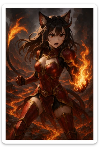 realistic anime catgirl devil with fire magic, flaming tail, red and gold armor, volcanic landscape sticker