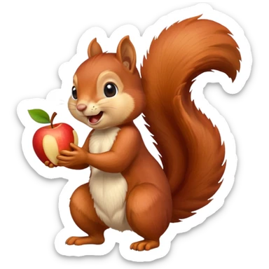 red squirrel with clear fur, joyfully cracking a nut, apple emoji style sticker