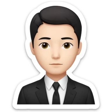 Korean male, clean studio portrait, short black hair with soft middle part,
natural skin tone, neat eyebrows, calm expression,
wearing a black suit, white shirt, black tie,
passport photo style, front facing, realistic, clean background sticker