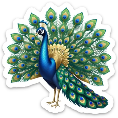A colorful peacock with a large, fan-like tail displaying vibrant shades of blue, green, and gold. Its elegant feathers are spread in a beautiful display, showcasing intricate patterns sticker