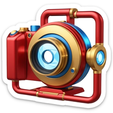 🎬🤖 Create a video project icon inspired by Iron Man: a sleek film camera with metallic red and gold accents, glowing with blue arc reactor energy. sticker