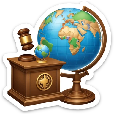 An icon featuring a globe with a gavel and a political map, symbolizing political science. The design includes a ballot box and a podium, representing democracy and governance. Transparent background highlights the study of political systems and global relations. sticker