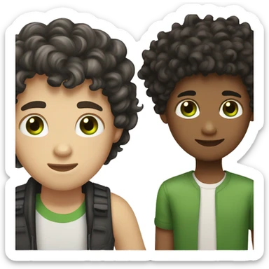 two white boys holding hands one brown eyes long curly brown hair other one with short black hair and green eyes  sticker