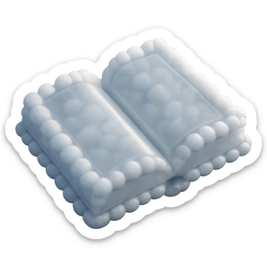 top view of a thick open book made entirely of small, very bright white fluffy convex clouds, matte glass style sticker