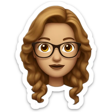 A classic Apple Memoji of a woman with long brown hair, brown eyes and golden frame glasses sticker