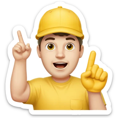 A stocky man with a cap backward, shouting proudly while pointing the foam finger upward. sticker