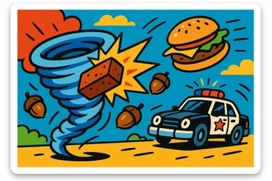 wind swirl with a brick smashing into it, a flying burger, and a police car in the background dodging acorns, colorful and dynamic style sticker