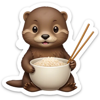 an otter holding a cup of rice and use chopsticks  sticker