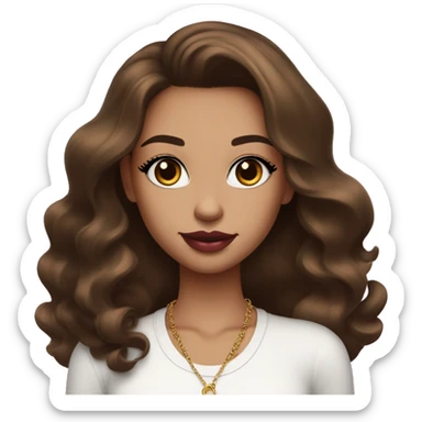 Girl with brown cateyes and a fair skin tone long eyelashes with long dark brown hair in a side parting in a wavy/blowout effect style wearing white scoop neck top and wearing a gold necklace and has plump pink glossy lips sticker