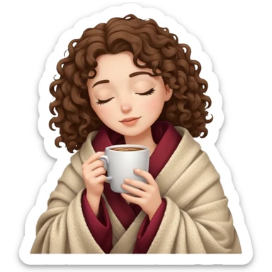 White girl with curly brunette hair wrapped in a cozy blanket sipping coffee with eyes closed peacefully sticker