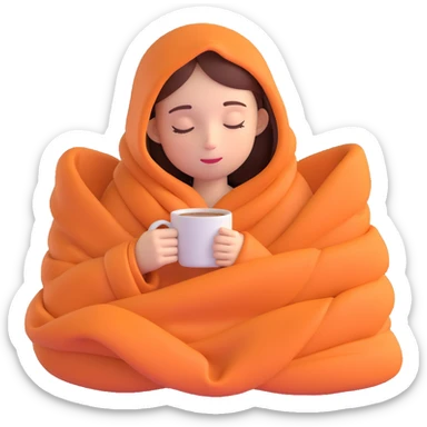 girl inside a blanket sipping coffee, eyes closed, style 4 sticker