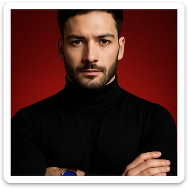 Create an ultra-realistic, high-detail, 4K editorial portrait of the person in the reference image. Emphasize sharp features, flawless fair skin, sleek black hair, and a black turtleneck. The person has arms crossed and wears a wristwatch with a blue dial and brown strap. The background is a bold red gradient with dramatic cinematic lighting. The composition is symmetrical and minimal. This is variation 6. sticker