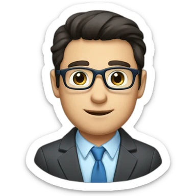 dark-haired guy with square glasses, in a repairman's suit, blue eyes, sticker