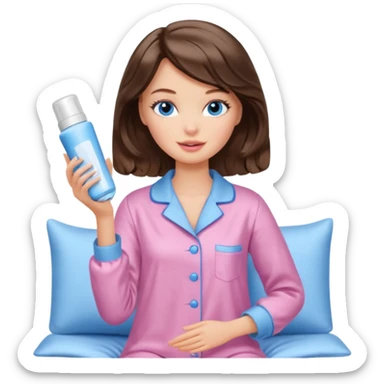Barbie girl with makeup, blue eyes , and bob long haircut wavy, short brown hair in creamy color pajamas, face cream in hand sticker
