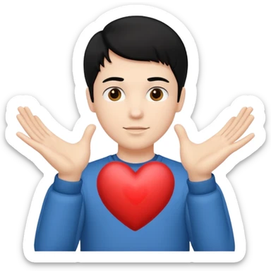 White boy with black hair holding up heart hands sticker