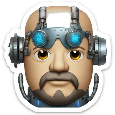 Bearded Fat bald cyborg head with tan skin, blue steampunk goggles and circuits sticker