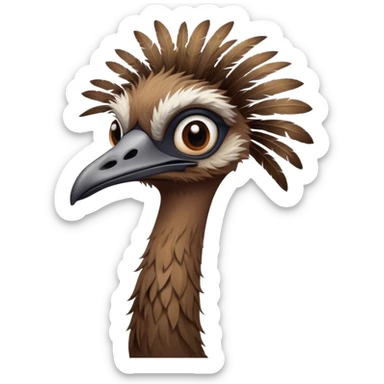 Cinematic Noble Emu Portrait Emoji, Poised and regal, with a tall, slender build and a shaggy, well-groomed fur of earthy brown feathers, a long elegant neck and deep-set soulful eyes, Simplified yet sharp and sophisticated features, highly detailed, glowing with a soft, dignified glow, high shine, intelligent and stately, stylized with an air of outback majesty, focused and attentive, soft glowing outline, capturing the essence of a watchful and confident bird, so majestic it feels as though it could stride out of the screen with effortless authority! sticker