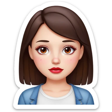 “Emoji brunette girl white top, dewy skin, heavy blush across cheeks and nose bridge, glossy cherry lips, soft eyeliner, teary sparkling eyes like hanni from new jeans sticker