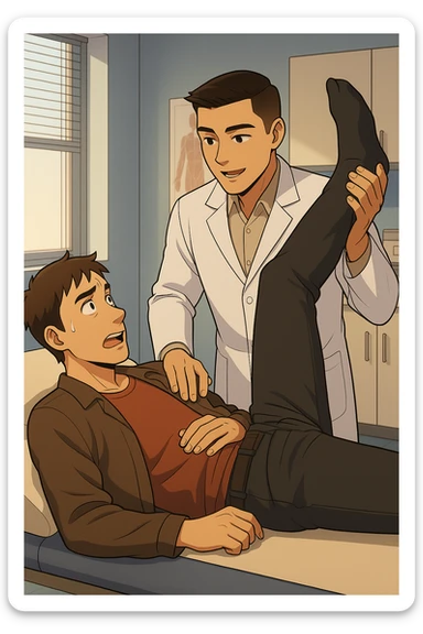 fai un webtoon manga a colori con questo stile, in cui un uomo è steso sul lettino medico e il kinesiologo con il camice bianco (fagli anche la scritta "ANTONIO ANANIA" SUL CAMICE, gli solleva una gamba per fargli il test neuromuscolare, IL KINESIOLOGO SPIEGA ALL'UOMO UNA cosa mentre gli alza la gamba. non fare i fumetti però, fai solo in modo che sembri stiano parlando sticker