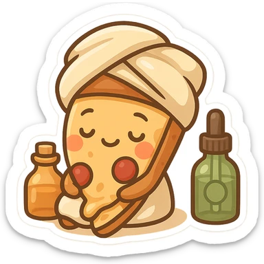 pizza slice being pampered at a spa, with a towel and massage oils, humorous and friendly sticker