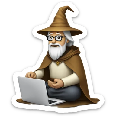 Wizard sitting cross legged and working on a macbook sticker