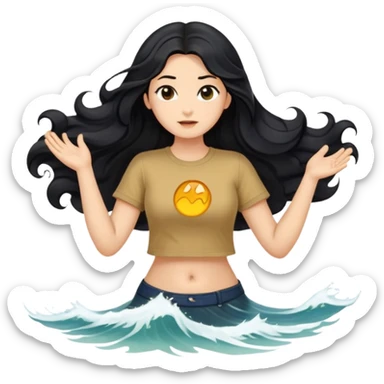Fair skin girl - long black hair, big waves - wearing a golden brown belly-baring short-sleeved shirt sticker
