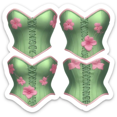 Sage green corset with pink flower embroidery, isolated sticker