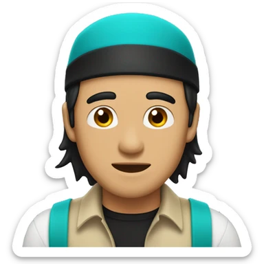 Generate an emoji of a man wearing a turquoise cap with long black hair, a black unbuttoned shirt, and a solid beige undershirt. sticker